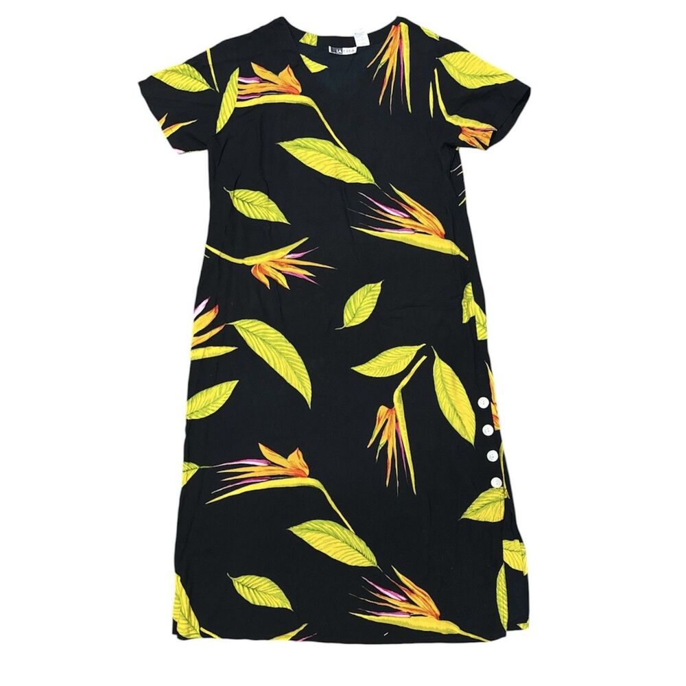 La Cera Floral Hawaiian Maxi Shirt Dress Tropical Flowy Sz Medium Black Buttons